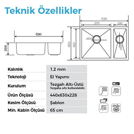 Crauf Stella 4563 PVD Bakır 1,5 Gözlü Sağ Paslanmaz Çelik Mutfak Eviyesi