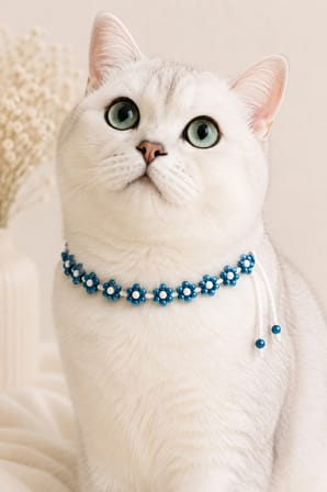 El Yapımı Boncuklu Kedi Boyun Aksesuarı Koyu Turkuaz Çiçekli Beyaz Bağcıklı Dekoratif Kedi Tasması