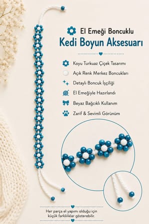El Yapımı Boncuklu Kedi Boyun Aksesuarı Koyu Turkuaz Çiçekli Beyaz Bağcıklı Dekoratif Kedi Tasması