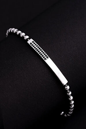 Erkek Gümüş Bileklik - Top Zincirli Siyah Zirkon Taşlı Blok Model Gümüş Bileklik