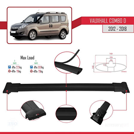 Vauxhall Combo D 2012-2018 Arası ile Uyumlu FLY Model Ara Atkı Tavan Barı Siyah 3 Adet