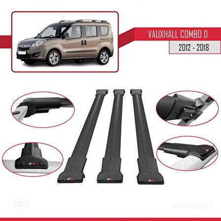 Vauxhall Combo D 2012-2018 Arası ile Uyumlu FLY Model Ara Atkı Tavan Barı Siyah 3 Adet