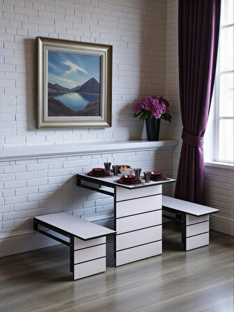 Firuze Duvara Monte Katlanabilir 2 Tabureli Pratik Yemek Masası Balkon Masası