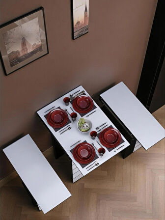 Firuze Duvara Monte Katlanabilir 2 Tabureli Pratik Yemek Masası Balkon Masası