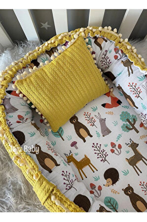 Nest Örgü Kumaş Ve Orman Müslin Kumaş Ponponlu Jaju-babynest Anne Yanı Bebek Yatağı