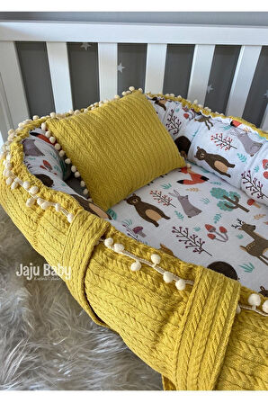 Nest Örgü Kumaş Ve Orman Müslin Kumaş Ponponlu Jaju-babynest Anne Yanı Bebek Yatağı