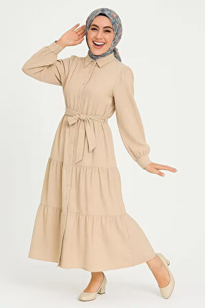 KADIN Gömlek Yaka Kuşak Detaylı Çok Şık Elbise