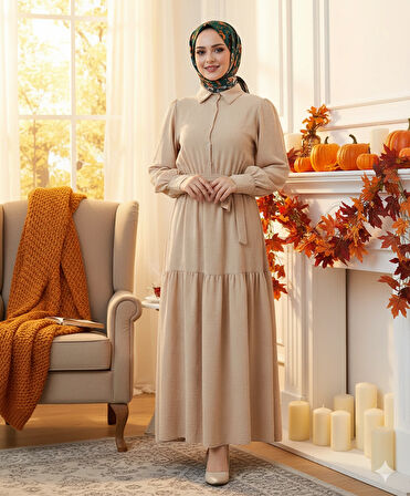 KADIN Gömlek Yaka Kuşak Detaylı Çok Şık Elbise