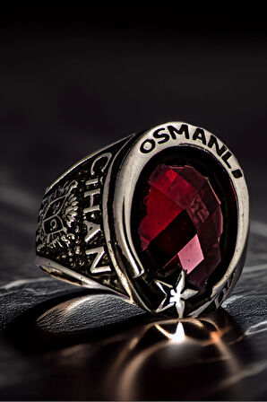 Erkek Yakut Taşlı Osmanlı Devleti Yazılı Selçuklu Kartalı Ve Arma İşlemeli 925 Ayar Gümüş Yüzük