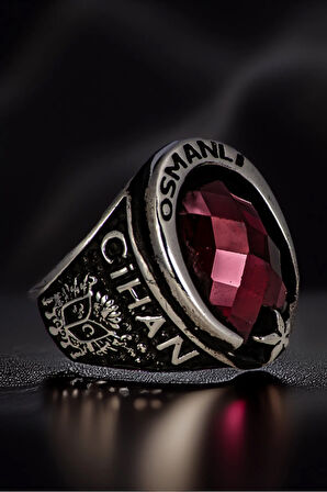 Erkek Yakut Taşlı Osmanlı Devleti Yazılı Selçuklu Kartalı Ve Arma İşlemeli 925 Ayar Gümüş Yüzük