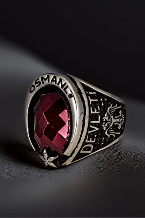 Erkek Yakut Taşlı Osmanlı Devleti Yazılı Selçuklu Kartalı Ve Arma İşlemeli 925 Ayar Gümüş Yüzük