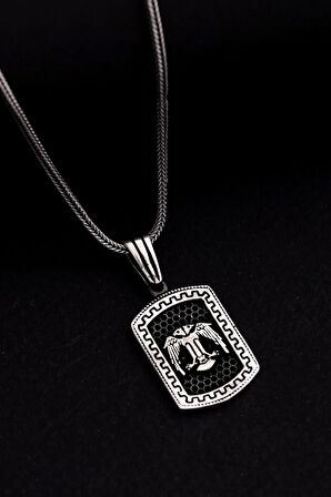 Erkek Gümüş Kolye - Grek Desenli Çift Başlı Kartal Model Gümüş Erkek Kolye