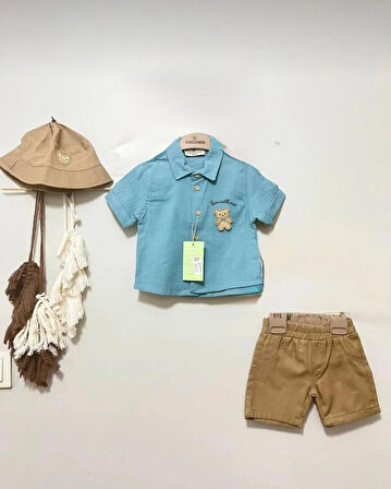 ERKEK BEBEK PAMUKLU MÜSLİN KUMAŞ ÖZEL TASARIM GÖMLEKLİ ŞORTLU TAKIM ŞAPKA AKSESUARLI 