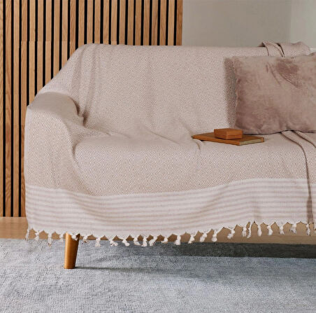 Buldan İşi Kaymaz Pamuklu Koltuk Örtüsü 170x210 Cm Koltuk Şalı Çekyat Kanepe Örtüsü - Vizon 