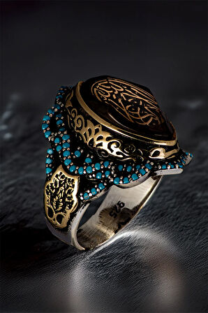 Erkek La Galibe İllallah Yazılı Katalin Taşı Ve Turkuaz Zirkon Taşlı 925 Ayar Gümüş Yüzük