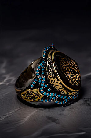 Erkek La Galibe İllallah Yazılı Katalin Taşı Ve Turkuaz Zirkon Taşlı 925 Ayar Gümüş Yüzük