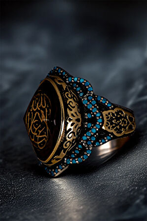 Erkek La Galibe İllallah Yazılı Katalin Taşı Ve Turkuaz Zirkon Taşlı 925 Ayar Gümüş Yüzük