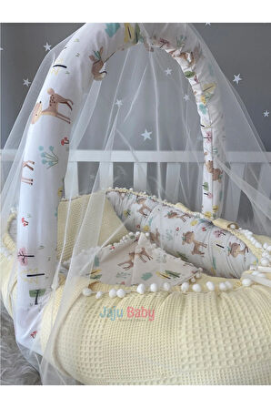 Babynest Sarı Wafle Pike Kumaş Ceylan Ponpon Cibinlik Tüllü Ve Oyuncak Aparatlı 5 Parça Set