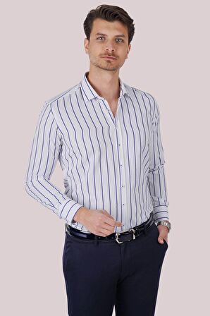 Beyaz Mavi Çizgili Slimfit Gömlek