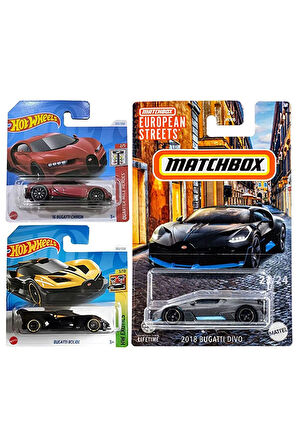 3 Araç Bugatti Set - Hot Wheels Bugatti Bolide Sarı & Bugatti Chiron & Matchbox Bugatti Divo (1/64)