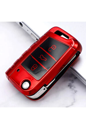 Skoda Octavia Uyumlu Parlak Tpu Anahtar Kılıfı Kırmızı