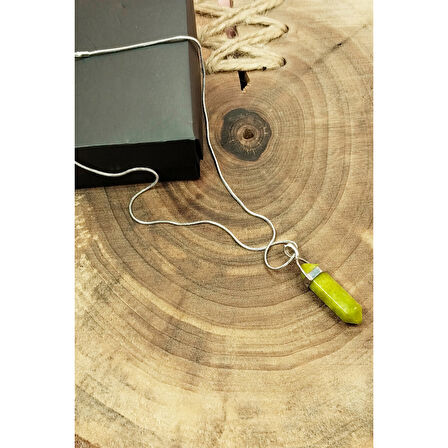 Moldavit Doğal Taşı Zincirli El Yapımı Tasarımlı Kolye Uç: 3,5 cm Zincir: 20 cm Kutulu