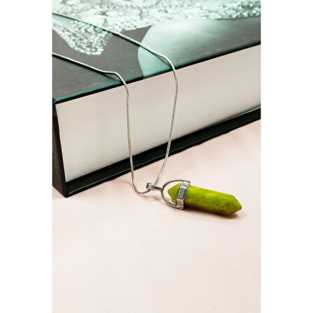 Moldavit Doğal Taşı Zincirli El Yapımı Tasarımlı Kolye Uç: 3,5 cm Zincir: 20 cm Kutulu