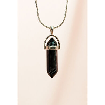 Obsidyen Doğal Taşı Zincirli El Yapımı Tasarımlı Kolye Uç: 3,5 cm Zincir: 20 cm Kutulu