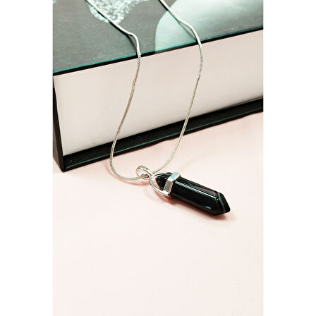 Obsidyen Doğal Taşı Zincirli El Yapımı Tasarımlı Kolye Uç: 3,5 cm Zincir: 20 cm Kutulu