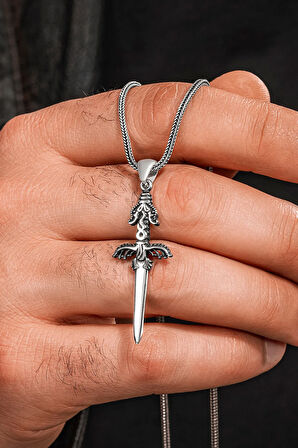 925 Ayar Gümüş Mat Ejderha Kılıcı Erkek Kolye Tilki Kuyruğu Zincir Damgalı Faturalı
