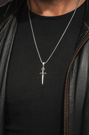 925 Ayar Gümüş Mat Ejderha Kılıcı Erkek Kolye Tilki Kuyruğu Zincir Damgalı Faturalı