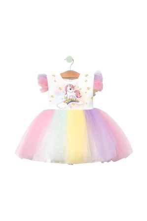 Kız Çocuk Unicorn Elbise Tüllü Elbise Rengarenk Doğum Günü Ve Parti Elbisesi 1-9 Yaş