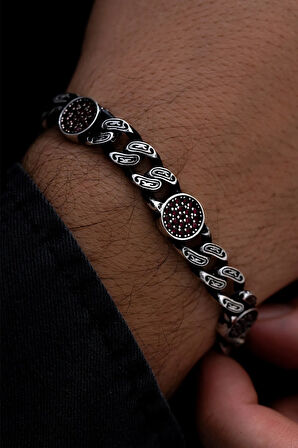 Erkek Gümüş Bileklik -Kırmızı Zirkon Taşlı Geometrik Şekilli Oksitli Gurmet Model 3 Gümüş Bileklik