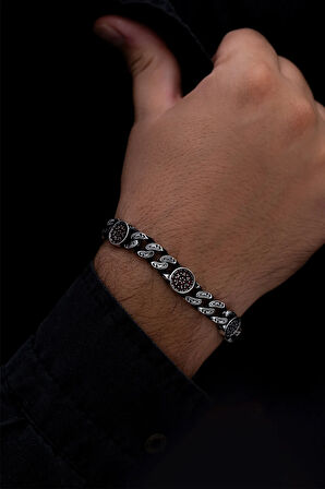 Erkek Gümüş Bileklik -Kırmızı Zirkon Taşlı Geometrik Şekilli Oksitli Gurmet Model 3 Gümüş Bileklik