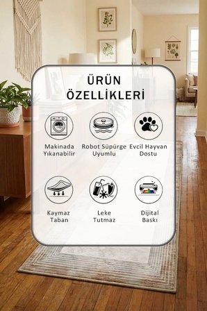 Yıkanabilir Kaymaz Dijital Baskılı Yolluk Halı Tüy Tutmaz Açık Gri