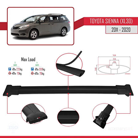 Toyota Sienna 3 (XL30) 2011-2020 Arası ile Uyumlu FLY Model Ara Atkı Tavan Barı Siyah 3 Adet
