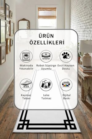 Çerçeve Klasik Boş Siyah Yıkanabilir Kaymaz Taban Dijital Baskılı Yolluk Halı Siyah