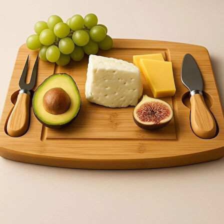 Bambu 3 parça Peynir Sunum Seti Bıçaklı Kahvaltı Sunum Tahtası