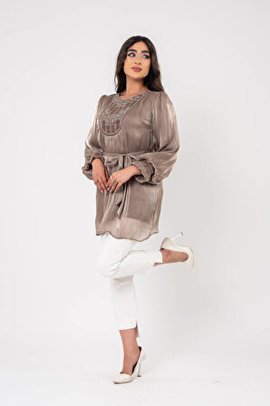 Taş işlemeli Kemer Detaylı Bluz BLZ16086