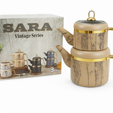 SARA Vintage Series Emaye Çaydanlık Takımı - Altın Detay Saplı Isıya Dayanıklı