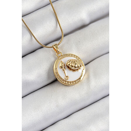 316L Çelik Zincir Beyaz Mineli Sanatsal Portre İstiridye Model Gold Renk Kadın Kolye