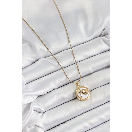 316L Çelik Zincir Beyaz Mineli Sanatsal Portre İstiridye Model Gold Renk Kadın Kolye