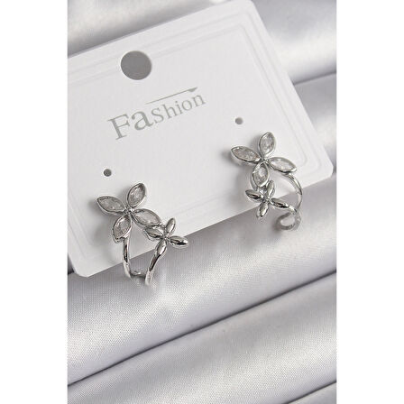 Pirinç Gümüş Renk Zirkon Taşlı 2'Li Çiçek Model Kadın Küpe