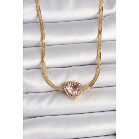316L Çelik Gold Renk İtalyan Zincir Pembe Zirkon Taşlı Kalp Model Kadın Kolye