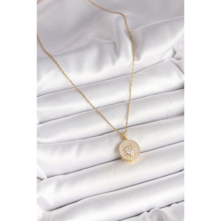 316L Çelik Gold Renk Zincir Madalyon Zirkon Taşlı Kalp Model Kadın Kolye