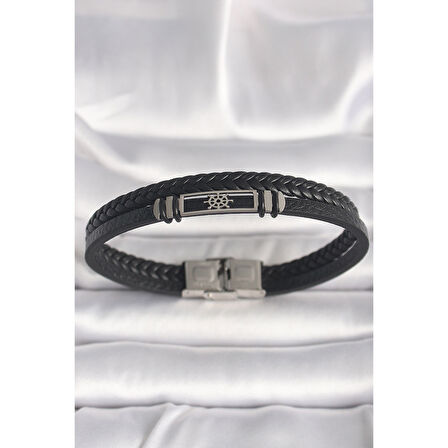 316L Çelik Gümüş Renk Gemi Dümeni Figür Siyah Burgu Deri Kordon Model Erkek Bileklik