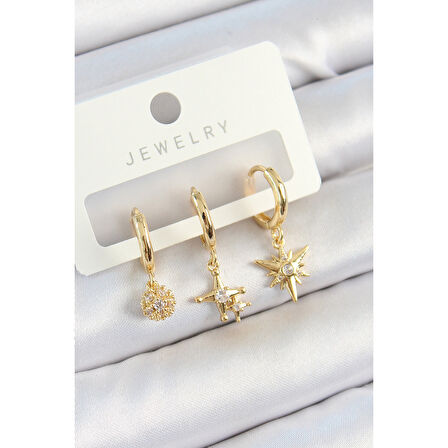 Pirinç Zirkon Taşlı Yıldız Model Gold Renk 3'lü Çift Kadın Küpe Set