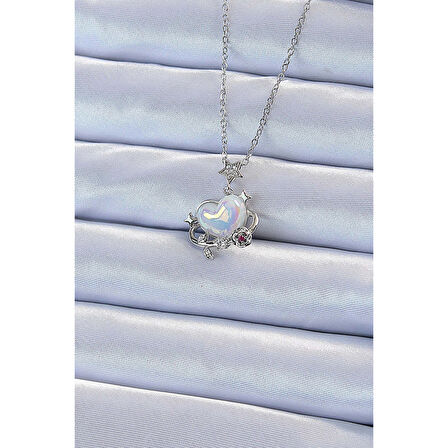 316L Çelik Zincir Gümüş Renk Zirkon Taşlı Gezegen Görünümlü Kalp Kolye