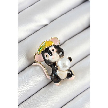 İnci Detaylı Siyah Ve Pembe 3D Sevimli Fare Figürlü Gold Renk Kadın Broş
