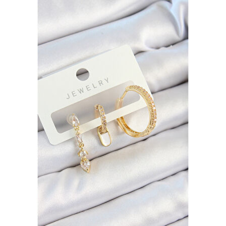 Pirinç Zirkon Taşlı Sallantılı Model Gold Renk 3'lü Çift Kadın Küpe Set